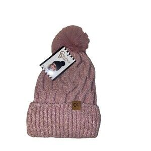 Couture Gems Women’s Cable Knit Beanie Faux Fur Pom-pom Pink OS NWT
